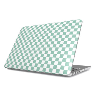 Sage Check MacBook case — sage green check, hard-shell laptop cover, angled lid view