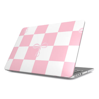 Pink Bow Check MacBook case — coquette check, hard-shell laptop cover, angled lid view