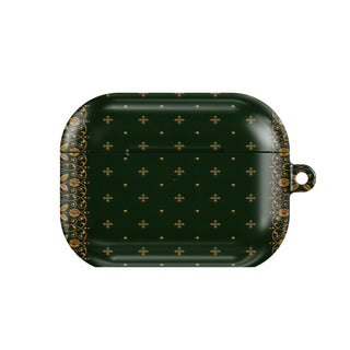 Gilded Antique Binding AirPods case — vintage bookish, closed front view