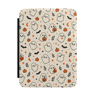 Cute ghost Kindle case — cream vegan leather with rosy-cheeked ghosts, pumpkins and bats