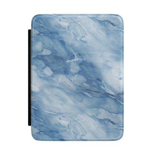 Blue marble Kindle case — cornflower and slate vegan leather with ice-white veins