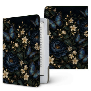 Blue Butterfly Night Garden Kindle case — blue butterflies and jasmine on a dark night garden, printed front and back