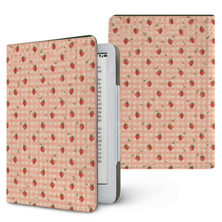 Strawberry Gingham Kindle case — little red strawberries on peach gingham, printed front and back