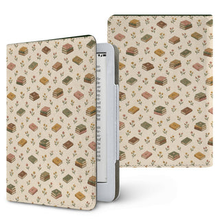 Tiny Books Kindle case — little stacks of vintage books and wildflowers on cream, printed front and back
