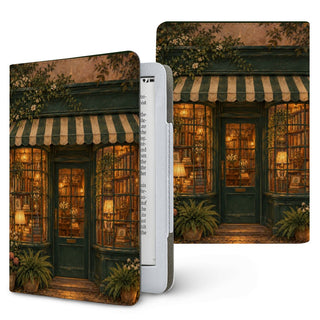 Bookshop at Dusk Kindle case — storybook bookshop at dusk with glowing windows, printed front and back