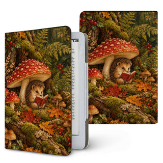 Mushroom Forest Kindle case — hedgehog reading under red mushrooms on a mossy forest floor, printed front and back