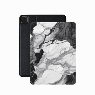 Black and white marble iPad case in high-contrast veined stone print