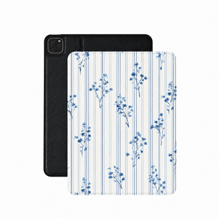 Blue floral pinstripe iPad case in cream and navy vegan Saffiano leather — preppy botanical folio