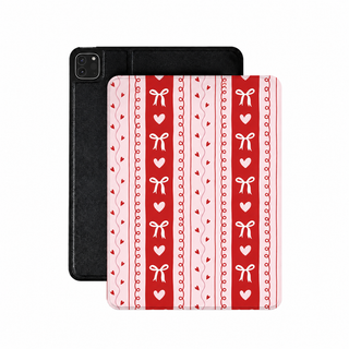 Bows and hearts stripe iPad case in red and pink vegan leather — coquette stripe folio