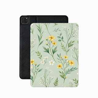 Buttercup meadow iPad case in sage vegan leather — watercolor wildflower folio