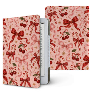 Candy Canes & Cherries Kindle case — candy canes, cherries and red and pink bows on pink, printed front and back