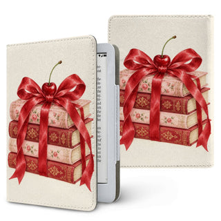 Cherry Bow Book Stack Kindle case — stack of books tied with a red ribbon and a cherry on cream, printed front and back