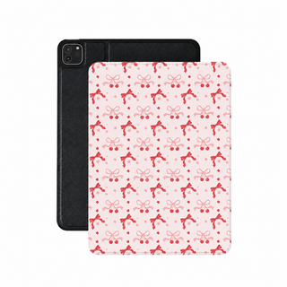 Cherry bows iPad case in blush vegan Saffiano leather — red ribbon bows and cherries