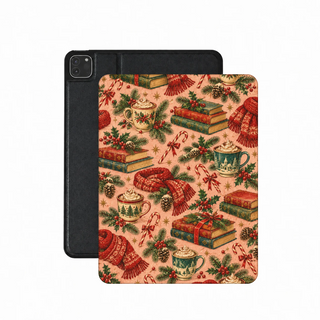 Cocoa & Books iPad case — mugs of cocoa, stacked books and red knitted scarves on blush pink, printed front cover over the plain black back