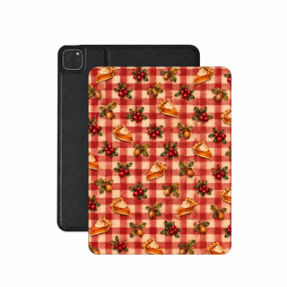 Cranberry Gingham iPad case — cranberry sprigs, acorns and pie slices on red gingham, printed front cover over the plain black back