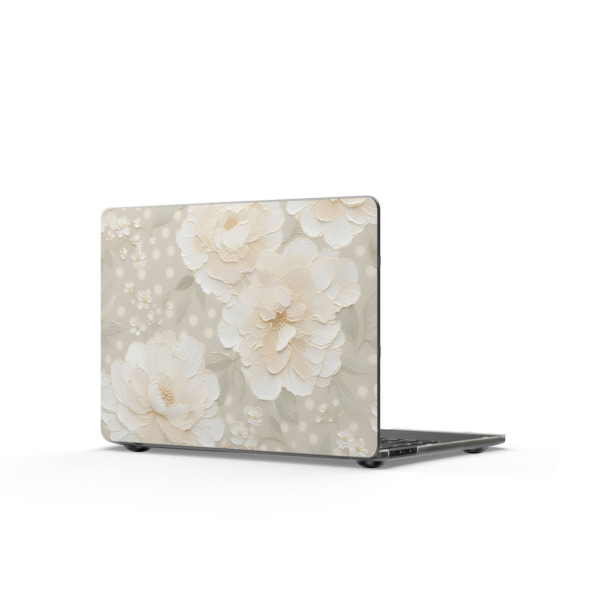 Cream peony MacBook case shown open with the ports and vents left clear