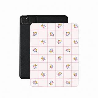 Ditsy floral check iPad case in pink vegan leather — coquette check folio