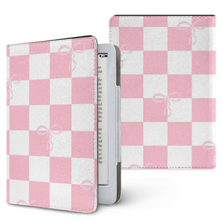 Pink Bow Check Kindle case — coquette check, printed front and back