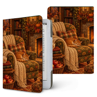 Cozy Reading Nook Kindle case — armchair by the fire with books, cocoa and a sleeping cat, printed front and back