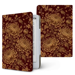 Gilded Chrysanthemum Kindle case — gold chrysanthemums on deep burgundy, printed front and back