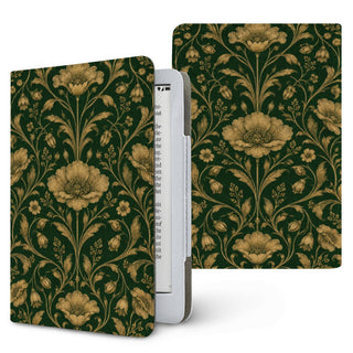 Gilded Emerald Damask Kindle case — antique gold flowers and scrolling vines on deep green, printed front and back