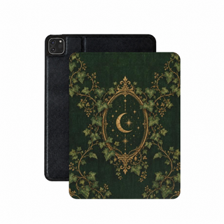 Ivy Bound Volume iPad case — gold cartouche and climbing ivy on emerald, shown front and back