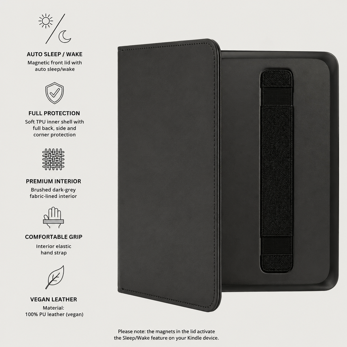 Case Noir Kindle case product information — Saffiano vegan leather, magnetic auto sleep/wake, hand strap, fits Paperwhite & Colorsoft