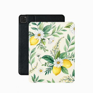 Lemon and daisy iPad case in cream vegan leather — watercolor botanical folio