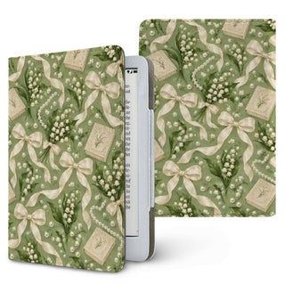 Lily of the Valley Kindle case — lily of the valley, cream lace bows and pearls on sage green, printed front and back