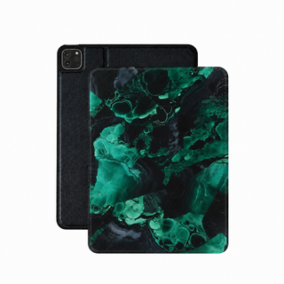 Malachite iPad case in green and black vegan leather — emerald stone folio