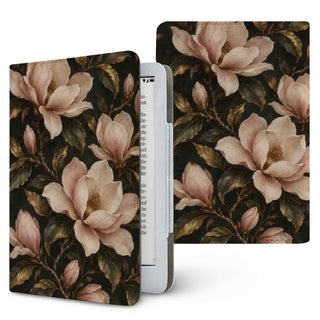 Midnight Magnolia Kindle case — blush magnolias and gold-edged leaves on black, printed front and back