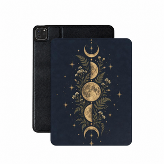 Midnight Moon Phases iPad case — gold moon phases and ferns on midnight navy, shown front and back