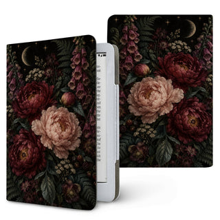 Moonlit Peony Garden Kindle case — burgundy and blush peonies with foxgloves and ferns on black, printed front and back