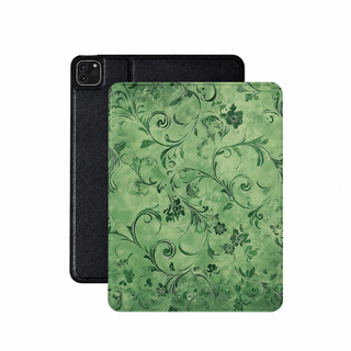 Moss damask iPad case in moss green vegan leather — tonal brocade folio