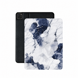 Navy marble iPad case in blue and white vegan Saffiano leather — veined stone print