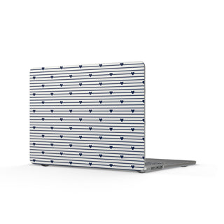 Navy Stripe Hearts MacBook case — cream hard shell with fine navy stripes and tiny hearts