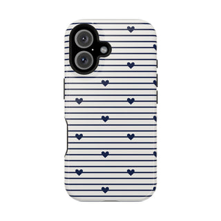 Navy Stripe Hearts phone case — cream with fine navy stripes and tiny hearts, MagSafe compatible