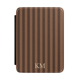 Personalised brown stripe Kindle case in heritage Saffiano with debossed initials, Maison Noir custom gift for her