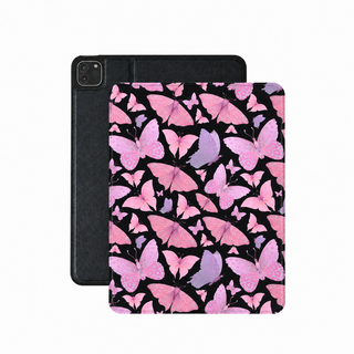 Pink butterfly iPad case in black vegan Saffiano leather — watercolor wing folio