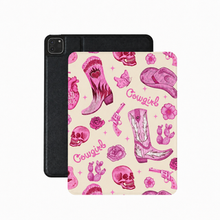 Pink cowgirl iPad case in cream vegan leather — hot pink western folio