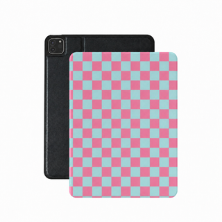 Pink and mint checkerboard iPad case in vegan Saffiano leather — large two-tone check