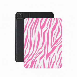 Pink zebra iPad case in hot pink and white vegan Saffiano leather — zebra stripe print