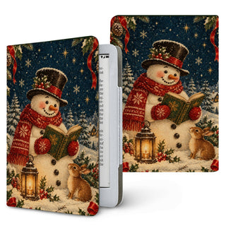Reading Snowman Kindle case — snowman in a top hat and red scarf reading a book under the stars, printed front and back