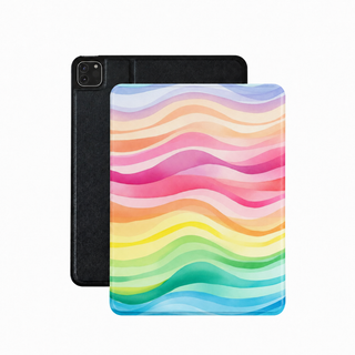 Rainbow wave iPad case in watercolour spectrum bands on vegan Saffiano leather