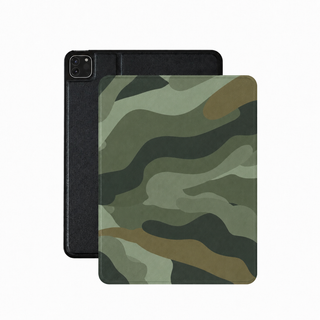 Sage camo iPad case in green vegan leather — oversized camouflage folio