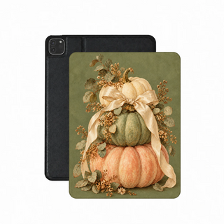 Sage Pumpkin Stack iPad case — stacked white, sage and peach pumpkins with a cream satin bow, printed front cover over the plain black back