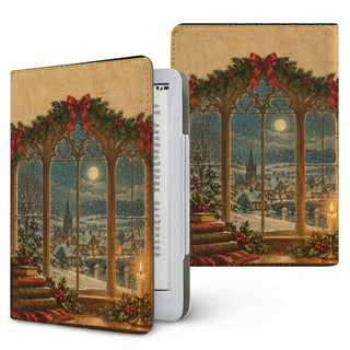 Christmas Library Window Kindle case — arched library window with snowfall, candle, holly and old books, printed front and back