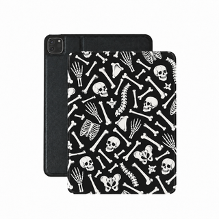 Skeleton bones iPad case in black vegan leather — gothic anatomy print with skulls, spines and ribcages
