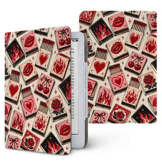 Vintage Matchbook Kindle case — matchbooks with lips, flames, hearts and cherries in red and pink, printed front and back