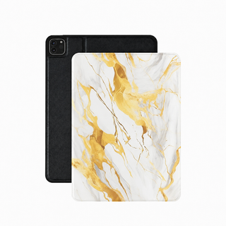White and gold marble iPad case in vegan Saffiano leather — molten gold veining